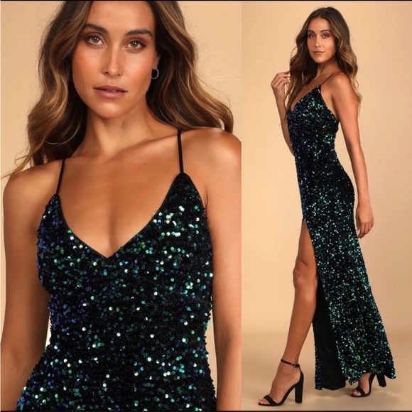 Green Iridescent Sequin Velvet Backless Maxi Dress 🌿 - Picture 3 of 12